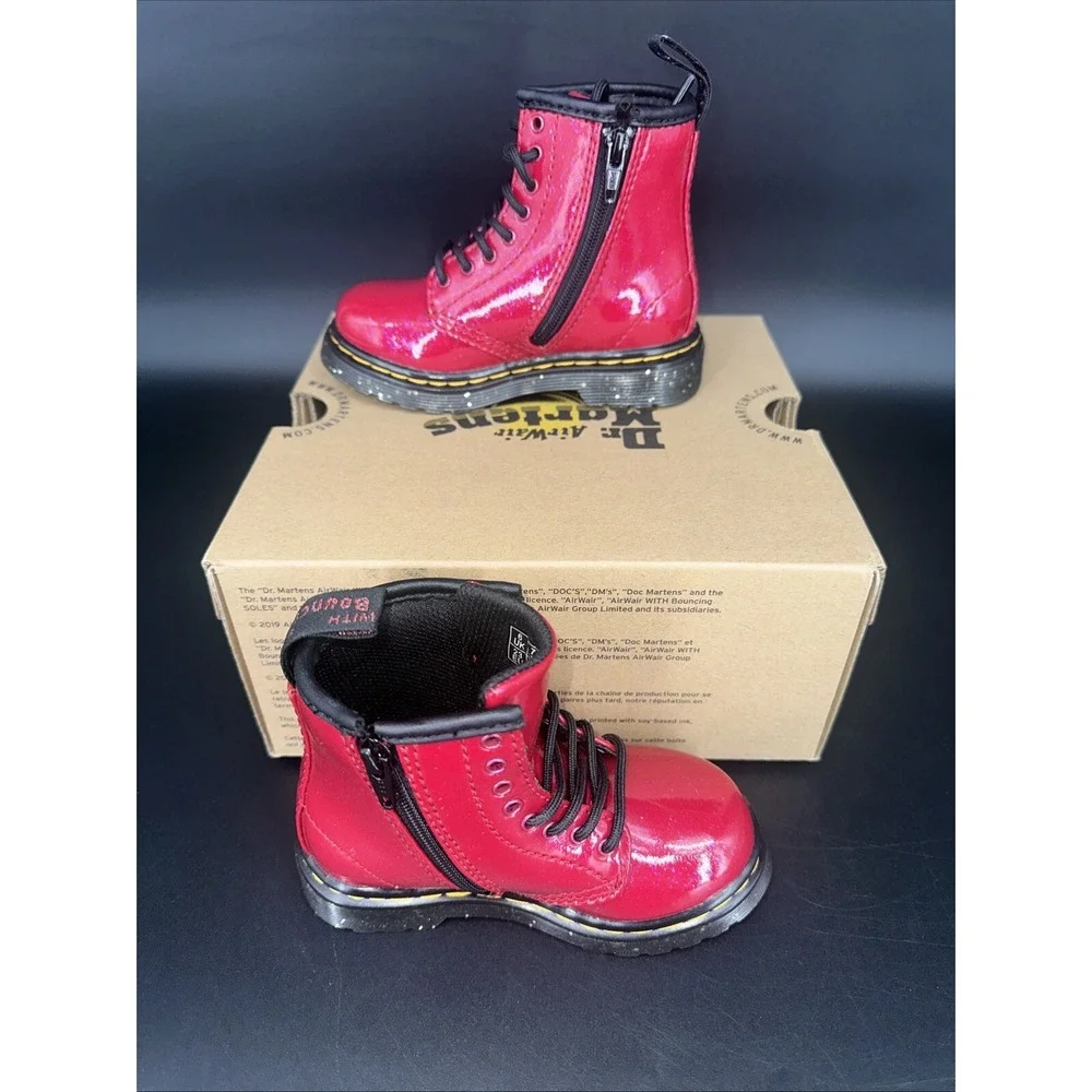 Dr. Martens 1460 T Toddler Boots Bright Red‎ Cosmic Glitter Side Zip Size 8 US